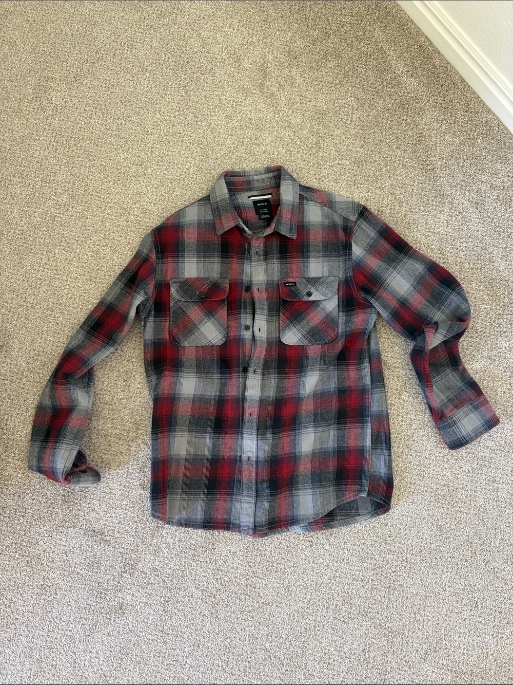 RVCA Men's Red & Gray Plaid Button-Down Shirt